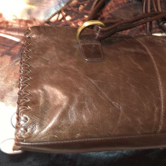 Worthington Chocolate Brown Genuine Leather Satchel Sewn Edges Twisted Handles - Picture 9 of 16